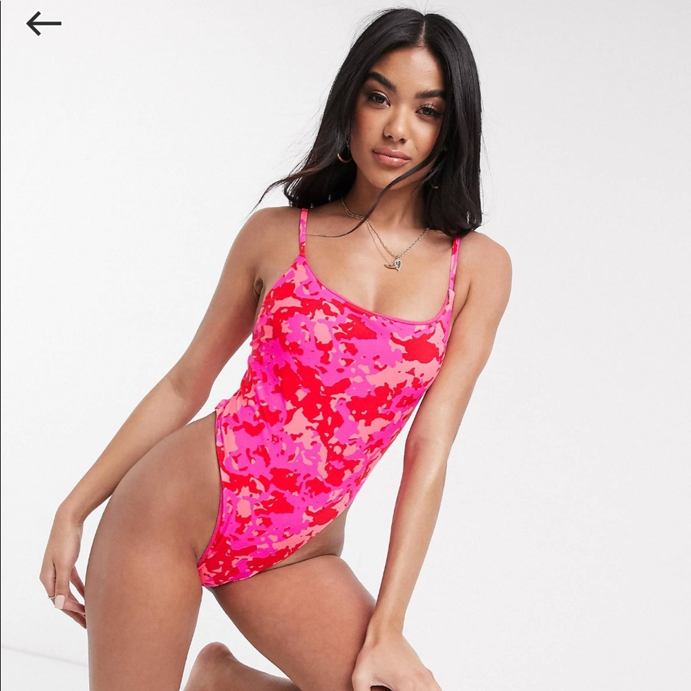 Candypants High Leg Thong One Piece Bikini in Camo Neon Pink
